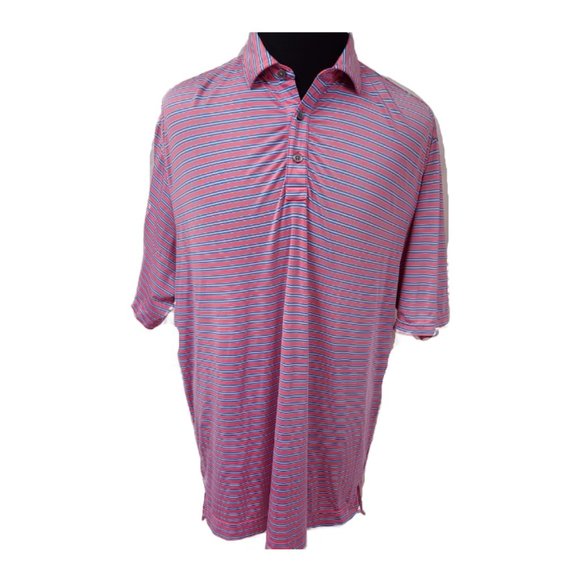 FJ Foot Joy Mens XL Pink Blue Stripe Short Sleeve 3 Button Pullover Polo Shirt - Picture 1 of 13